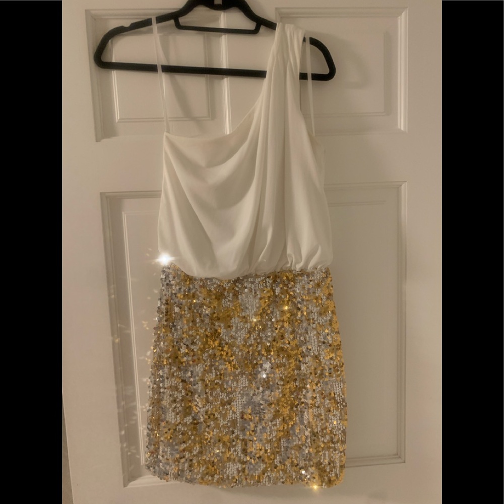 Way-In Clothing Co. One Shoulder White & Gold Sequin Dress
